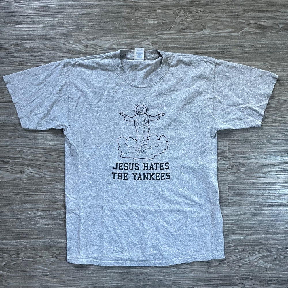 2000s Jesus Hates The Yankees Graphic T-Shirt Mens Large Gray Baseball Humor
